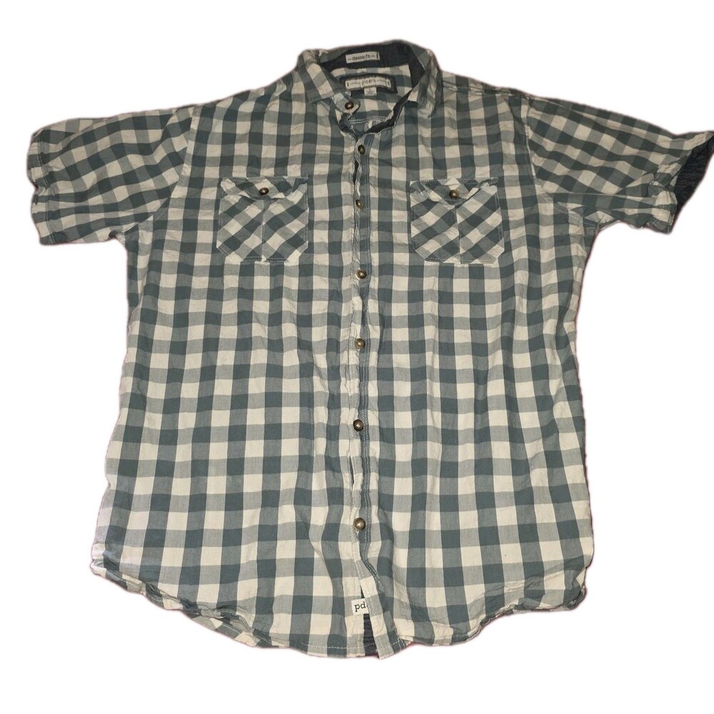 PDC Blue White Check Short Sleeve Button Shirt Mens Size Lg Paper Denim & Cloth